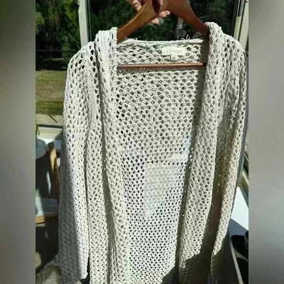 Greige Womens Beige Knit Open Hoodie Beach Coastal Preppy Cover Up Sweater Small - Picture 8 of 8